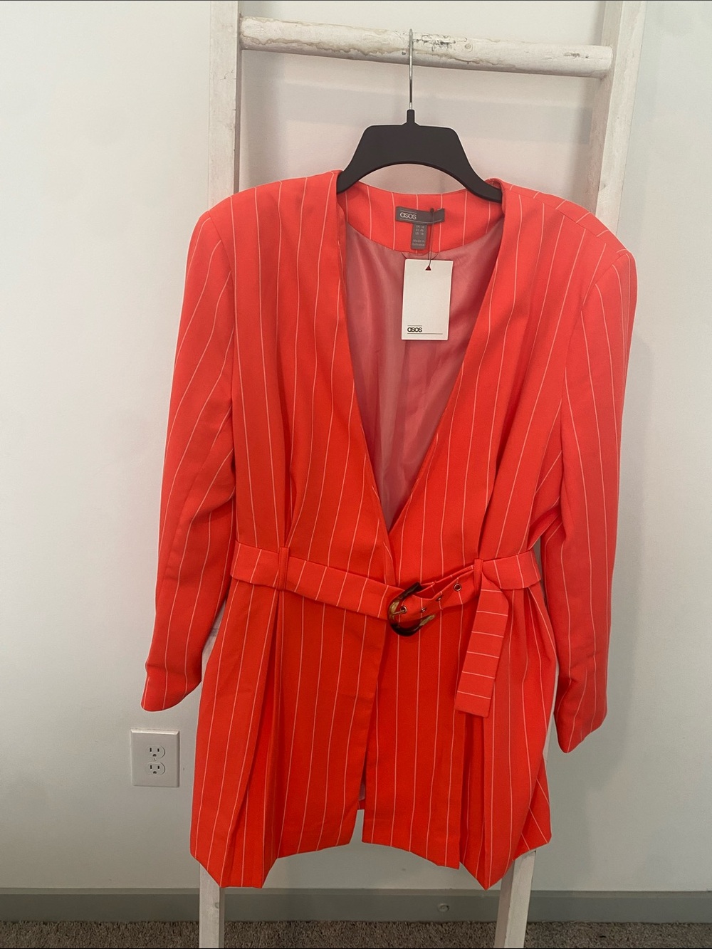 ASOS Coral-Neon Pinstripe Belted Blazer